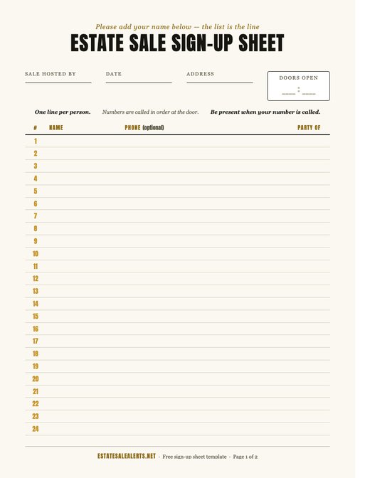 Preview of the free printable estate sale sign-up sheet - numbered lines, name and phone columns, doors-open box